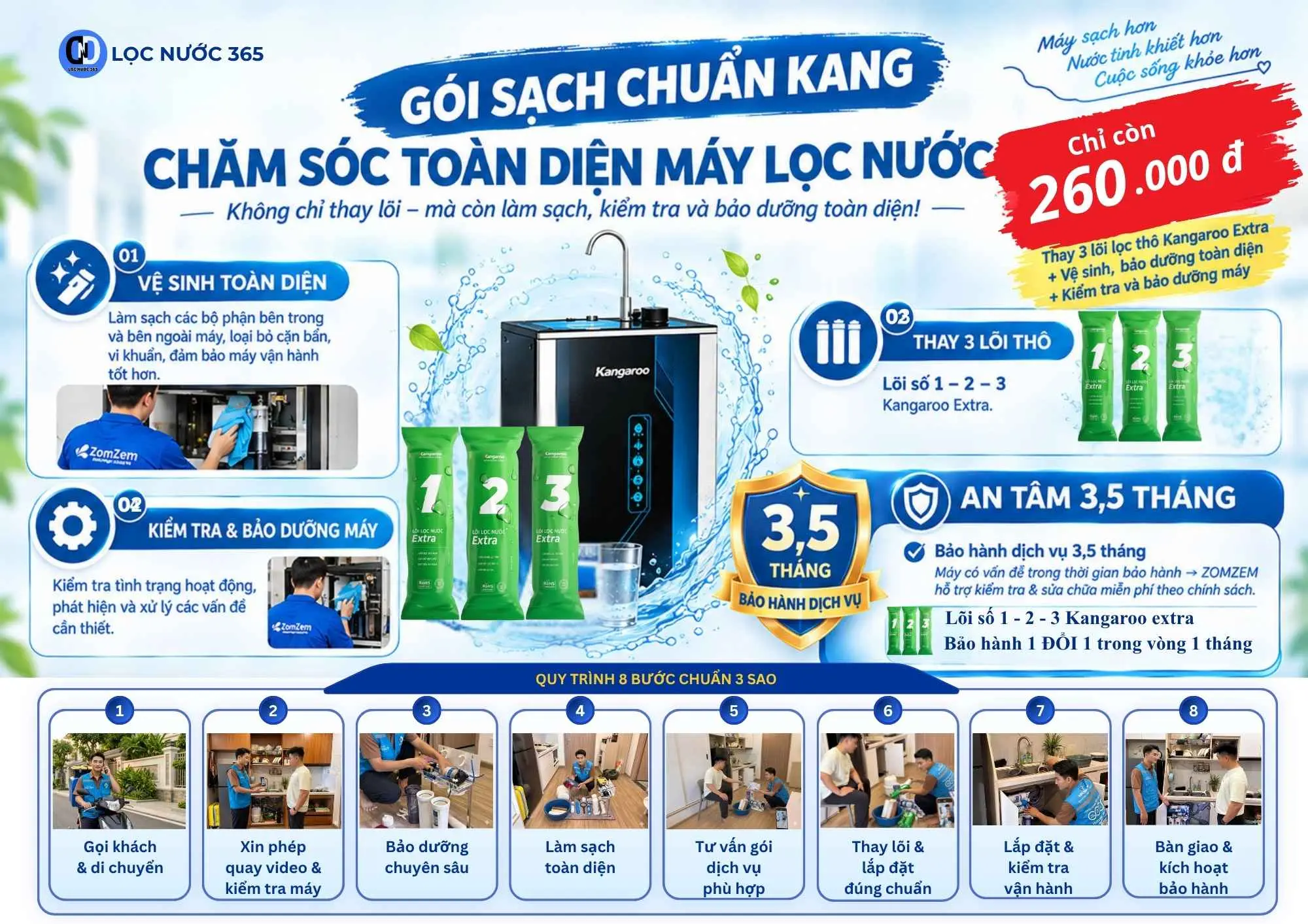 Sạch Chuẩn Kang - Vệ Sinh + Thay 3 Lõi Chỉ 260.000đ